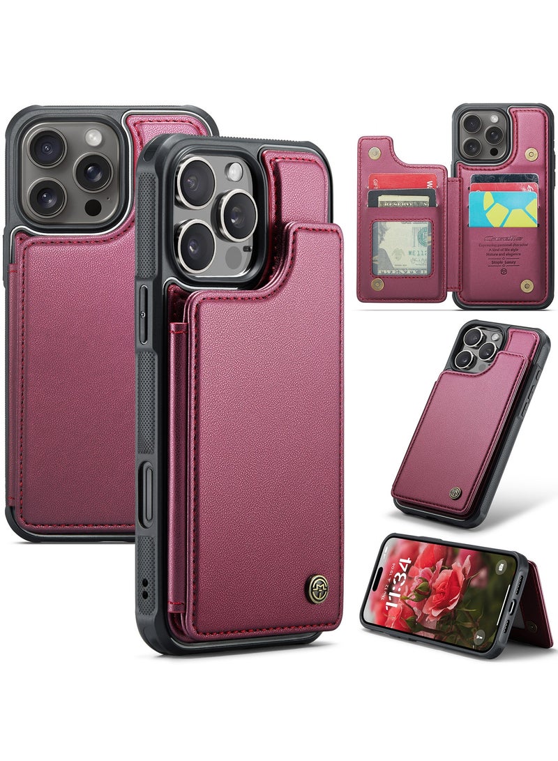 CaseMe Wallet Case for iPhone 16 Pro Max Premium Handmade Durable PU Leather Slim Shockproof Case with [Double Magnetic Clasp] [Card Holder] [Kickstand] [RFID Blocking] (Red) - Image 1