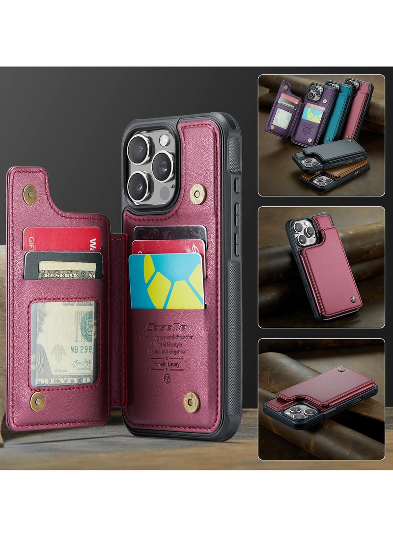 CaseMe Wallet Case for iPhone 16 Pro Max Premium Handmade Durable PU Leather Slim Shockproof Case with [Double Magnetic Clasp] [Card Holder] [Kickstand] [RFID Blocking] (Red) - Image 2