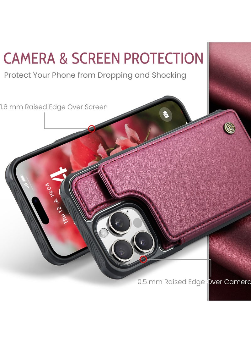 CaseMe Wallet Case for iPhone 16 Pro Max Premium Handmade Durable PU Leather Slim Shockproof Case with [Double Magnetic Clasp] [Card Holder] [Kickstand] [RFID Blocking] (Red) - Image 4