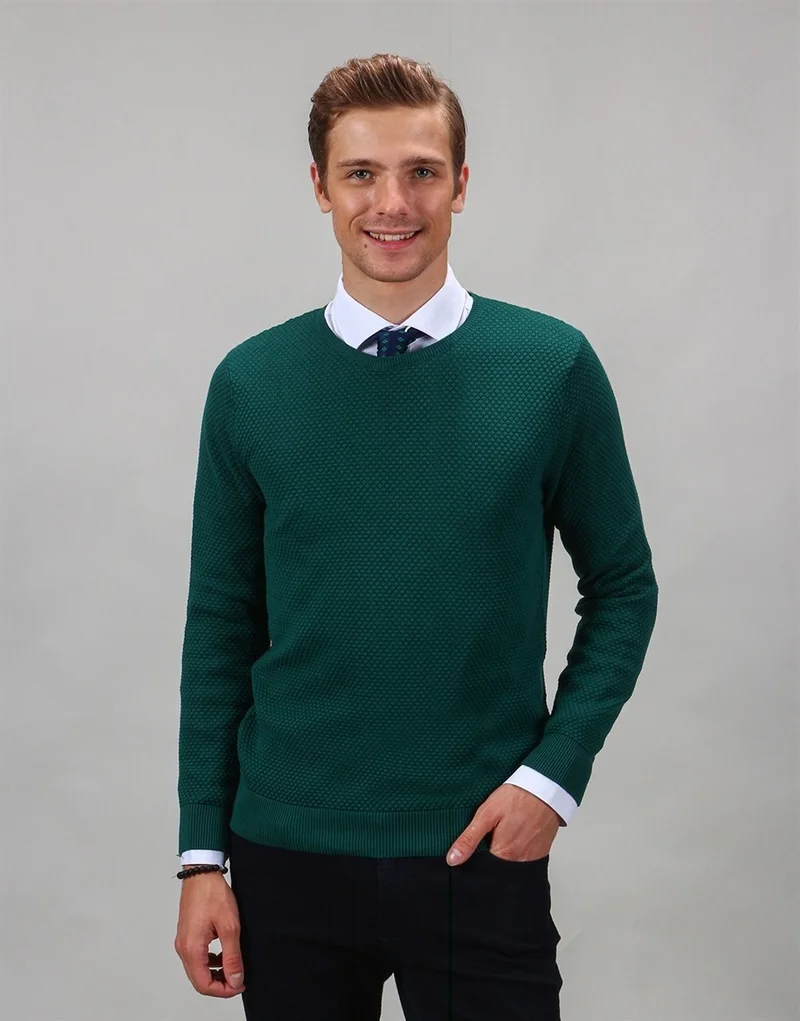 Tudors Crew Neck Green Patterned Men's Sweater