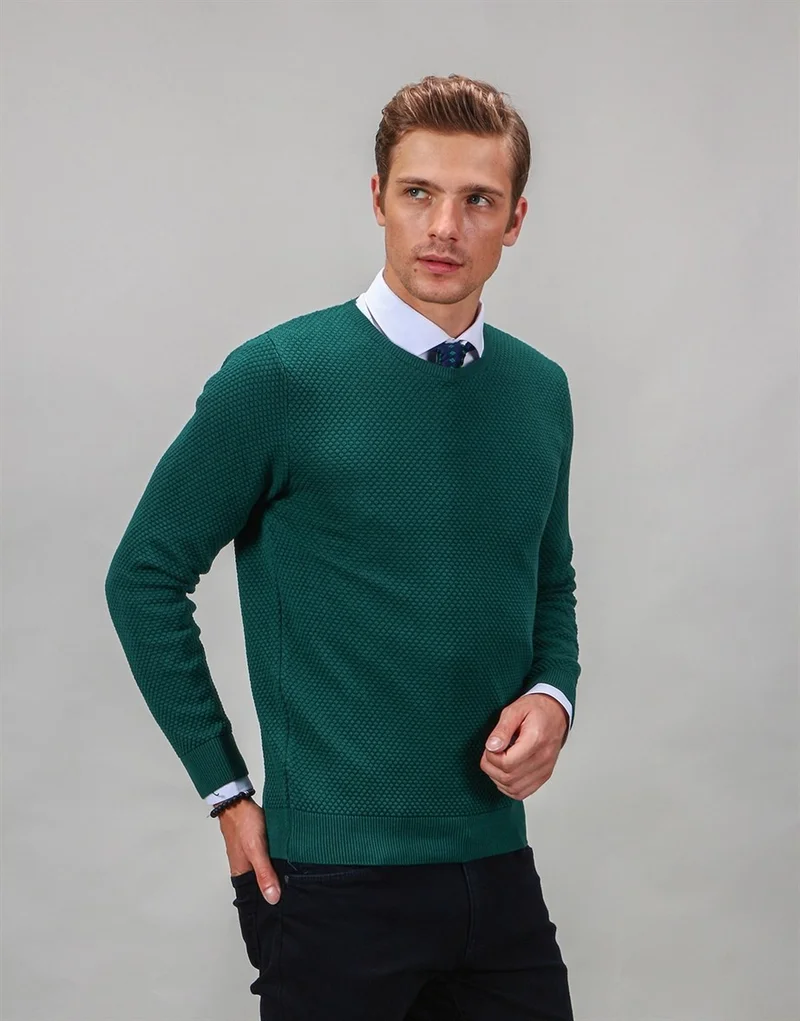 Tudors Crew Neck Green Patterned Men's Sweater