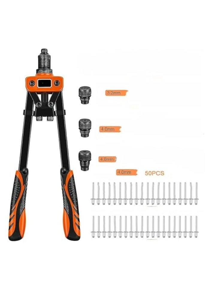 PROMASS Rivet Gun, Manual Hand Riveter with 50 Pcs Rivets, Heavy Duty Riveter with 3 Nosepieces for Plastic Metal Leather Vehicle  - Image 1
