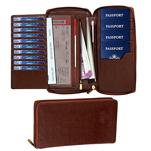 TULMAN PU Leather Passport Holder Multipurpose Travel Wallet for Air Ticket Credit Debit Visiting Cards Cheque Book Holder for Men & Women - 12 x 22.5 x 2 CM - Brown - Image 2