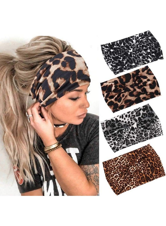 GORTIN Boho Headbands Black Yoga Leopard Hair Bands Stretch Wide Head Bands Twist Turban Knot Sweatbands Elastic Hair Wraps For Women And Girls Pack Of 4 - Image 1