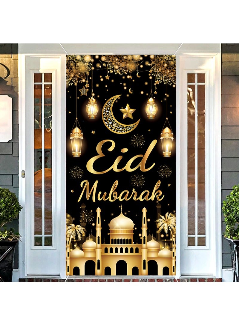 Aikanbo Ramadan Mubarak Door Cover Eid Mubarak Eid Al Fitr Decorations Moon and Stars Mosque Lat Islamic Decorative Door Banner Ramadan Party Supplies 70.8 x 35.4 inches - Image 1