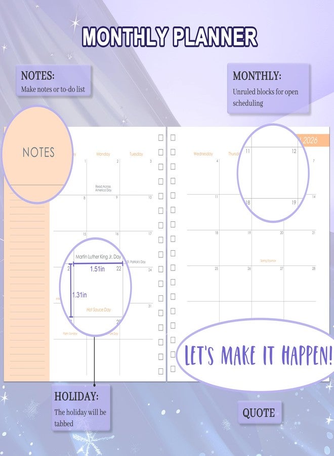 CAGIE 2026 Monthly Planners from December 2025 to December 2026 Hardcover Spiral Bound Calendar Marble Planner for Women with Stickers, Elastic Closure, Inner Pocket 8.3 x 9.1, Purple - Image 2