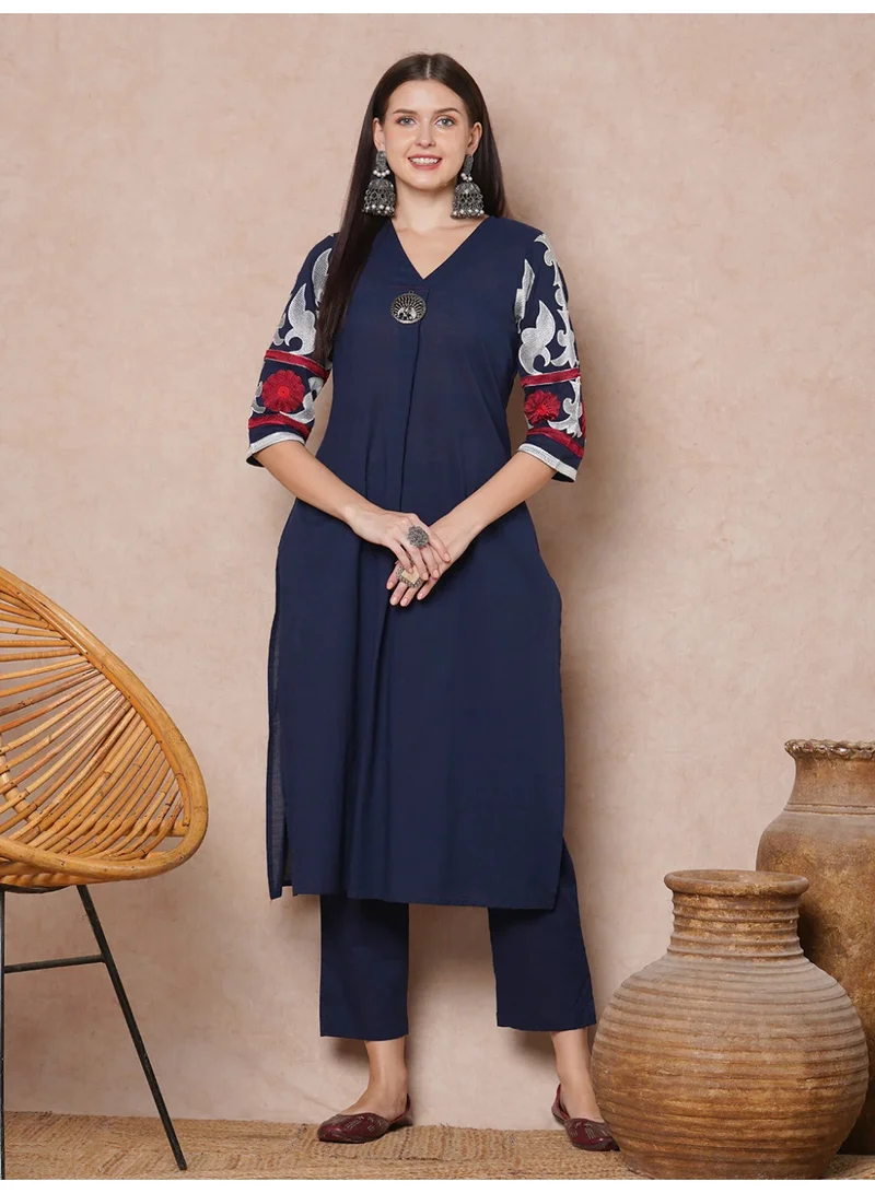 Priya’s Panache Blue Stylish Women's Solid Floral Embroidered A-Line Pleated Co-ord Set - Ethnic Wear for Women | Best Price UAE