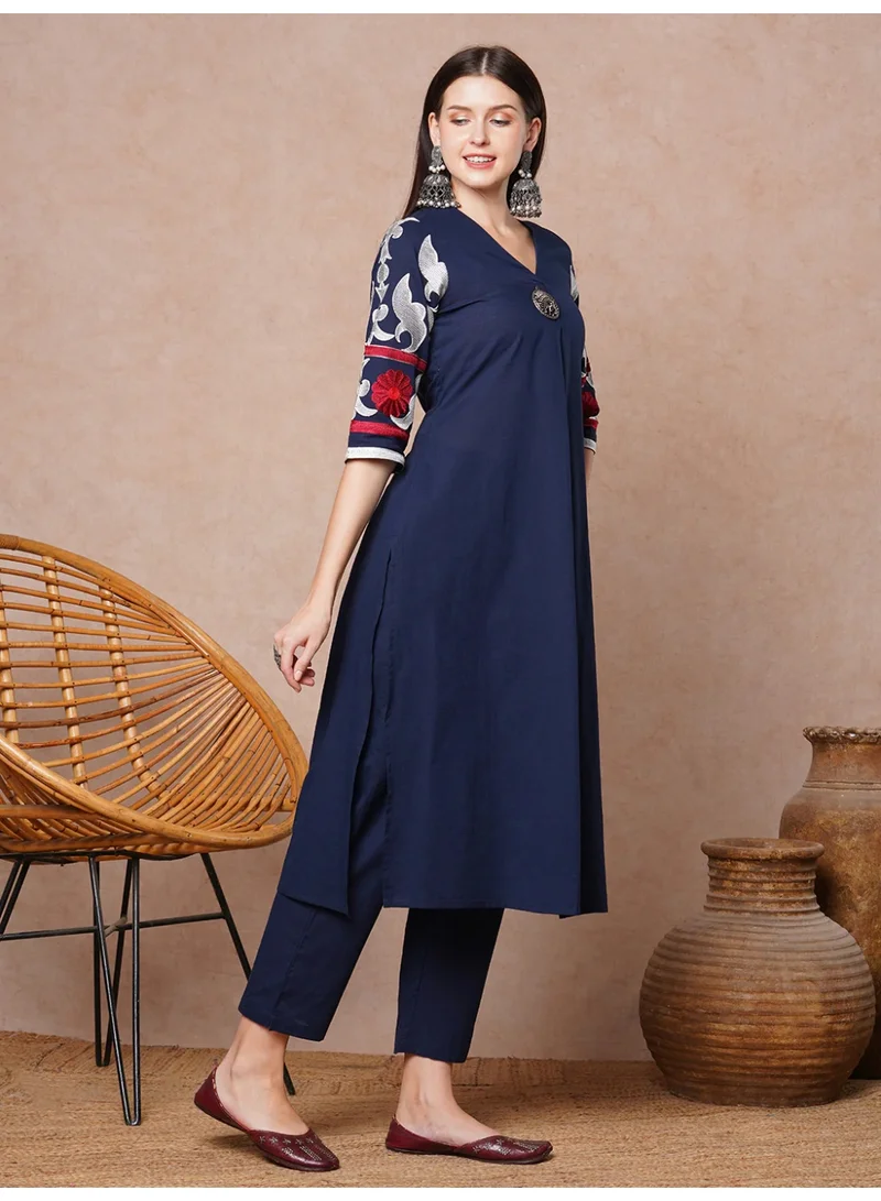 Priya’s Panache Blue Stylish Women's Solid Floral Embroidered A-Line Pleated Co-ord Set - Ethnic Wear for Women | Best Price UAE