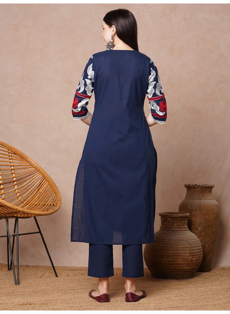 Priya’s Panache Blue Stylish Women's Solid Floral Embroidered A-Line Pleated Co-ord Set - Ethnic Wear for Women | Best Price UAE