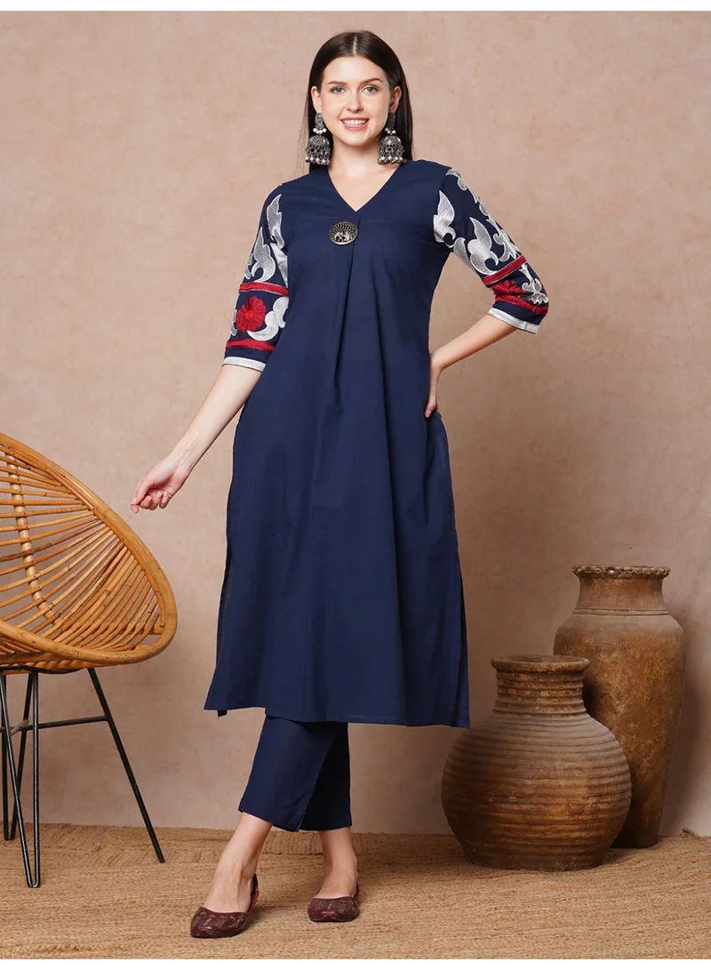 Priya’s Panache Blue Stylish Women's Solid Floral Embroidered A-Line Pleated Co-ord Set - Ethnic Wear for Women | Best Price UAE
