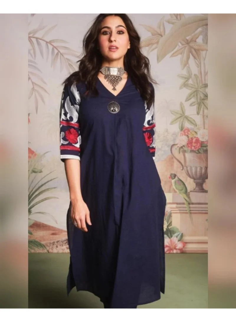Priya’s Panache Blue Stylish Women's Solid Floral Embroidered A-Line Pleated Co-ord Set - Ethnic Wear for Women | Best Price UAE
