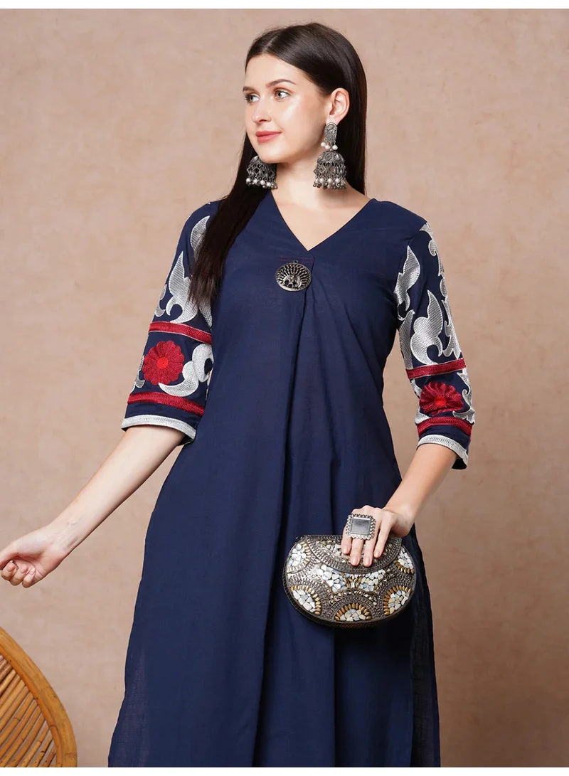Priya’s Panache Blue Stylish Women's Solid Floral Embroidered A-Line Pleated Co-ord Set - Ethnic Wear for Women | Best Price UAE
