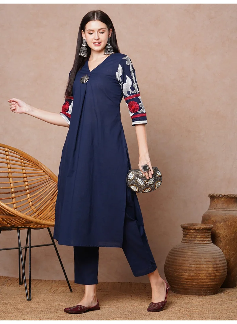 Priya’s Panache Blue Stylish Women's Solid Floral Embroidered A-Line Pleated Co-ord Set - Ethnic Wear for Women | Best Price UAE