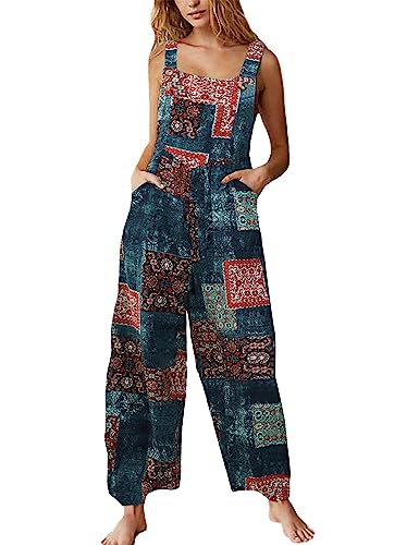 Himosyber Women's Patchwork Dual Pocket Jumpsuit Loose Floral Print Bohemian Wide Leg Bib Overall (#1TealBlue, XL) - Image 1
