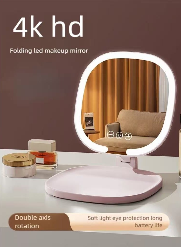 فلاي هسو ضوء LED مرآة ماكياج قابلة للطي المحمولة مع ثلاثة أنواع من الأضواء، اللون والسطوع قابل للتعديل، USB قابل لإعادة الشحن، الوردي - Image 1