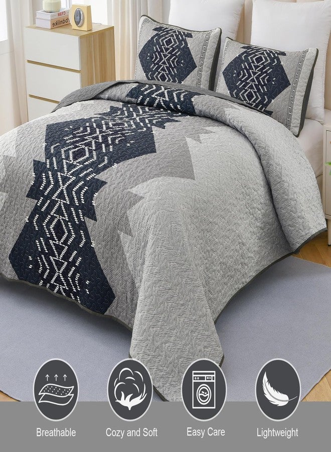 Dintszyayue Queen Size Quilt Set,3 Pieces Boho Bedspread Aztec Texture Quikted Coverlet Set Navy Blue Bedding Sets Geometric Pattern Microfiber Bed Cover for All Season(Navy,90"x96") - Image 3