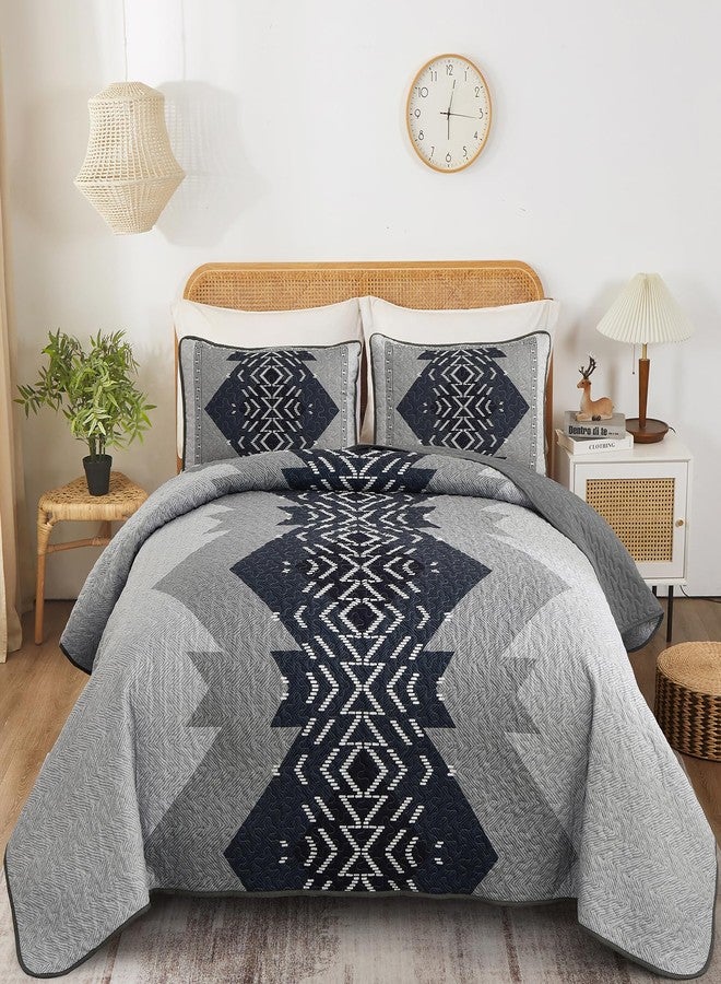 Dintszyayue Queen Size Quilt Set,3 Pieces Boho Bedspread Aztec Texture Quikted Coverlet Set Navy Blue Bedding Sets Geometric Pattern Microfiber Bed Cover for All Season(Navy,90"x96") - Image 1