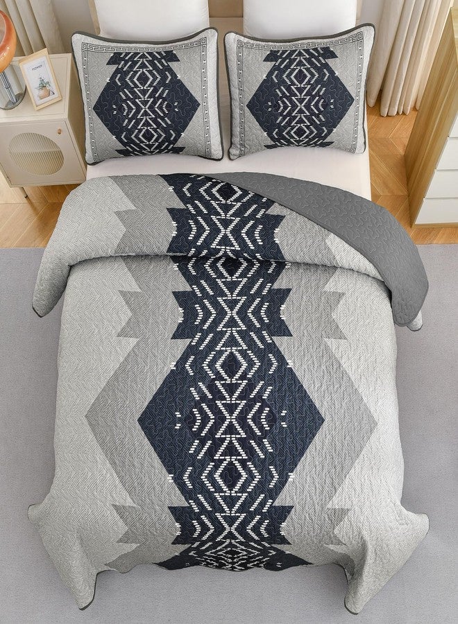 Dintszyayue Queen Size Quilt Set,3 Pieces Boho Bedspread Aztec Texture Quikted Coverlet Set Navy Blue Bedding Sets Geometric Pattern Microfiber Bed Cover for All Season(Navy,90"x96") - Image 2