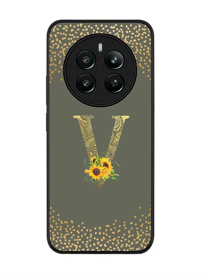 Stylizedd Rugged Black edge case for Realme 12 Plus 5G / Realme 12 4G Case Cover- Custom Monogram Initial Letter Floral Pattern Alphabet - V (Olive Green) - Image 1