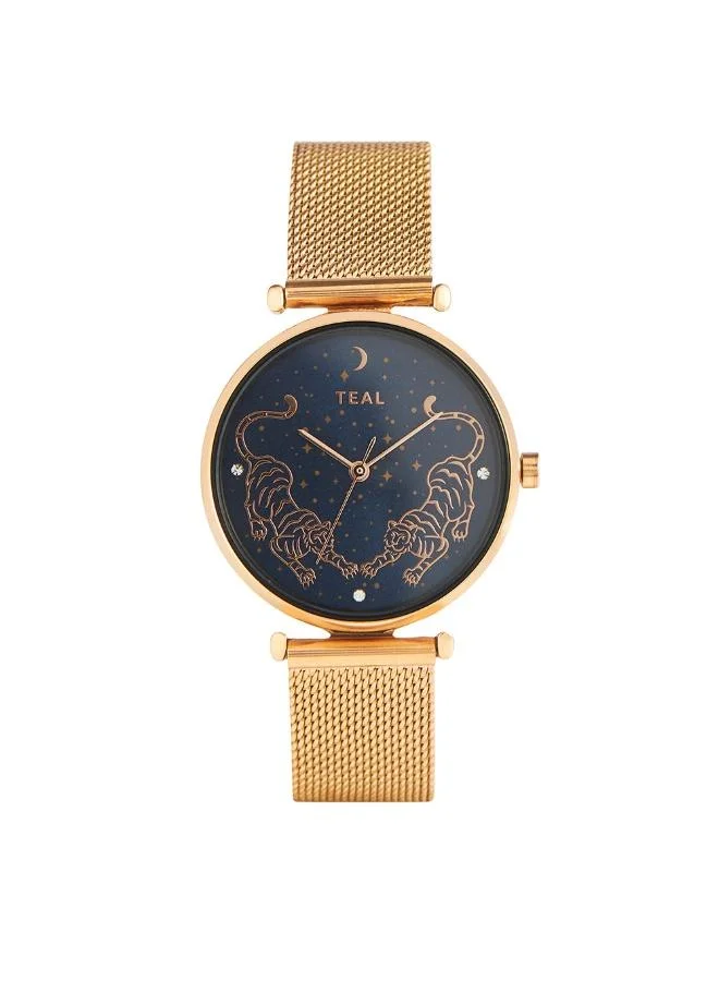 تشومباك ساعة Chumbak Round Dial Analog للنساء | مجموعة النمر النمر | حزام من الفولاذ المقاوم للصدأ | هدايا للنساء / الفتيات / السيدات | ساعة أزياء أنيقة للملابس غير الرسمية / للعمل - ذهبي