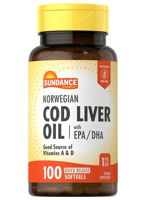 Sundance Norwegian Cod Liver Oil | 100 Softgels | with EPA and DHA | Good Source of Vitamins A & D | Non-GMO and Gluten Free Supplement