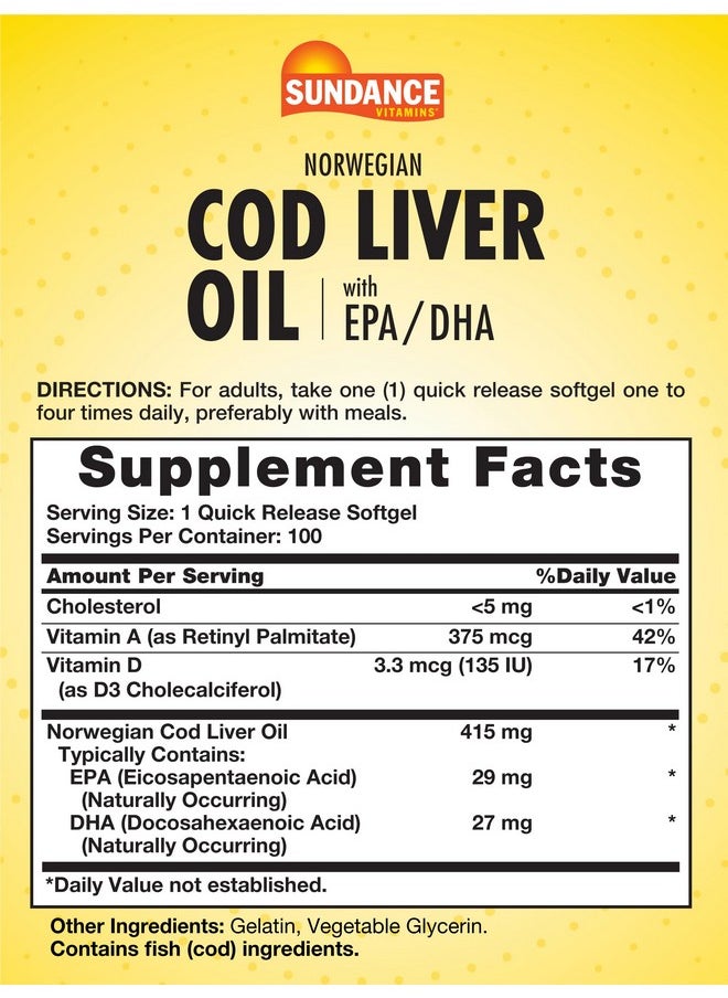 Sundance Norwegian Cod Liver Oil | 100 Softgels | with EPA and DHA | Good Source of Vitamins A & D | Non-GMO and Gluten Free Supplement
