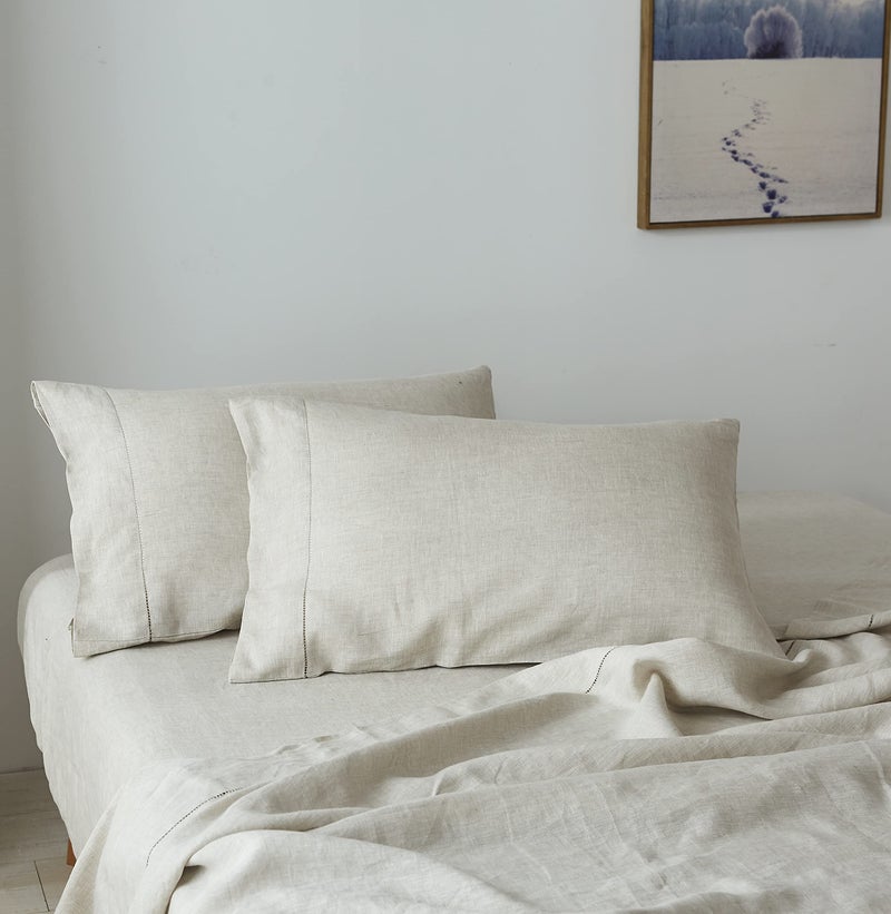 SimpleOpulence 100 Linen Pillowcase with Hand Drawing Hemstitch Pillow Cover King Size Set of 2 Soft and Durable Linen 20x40