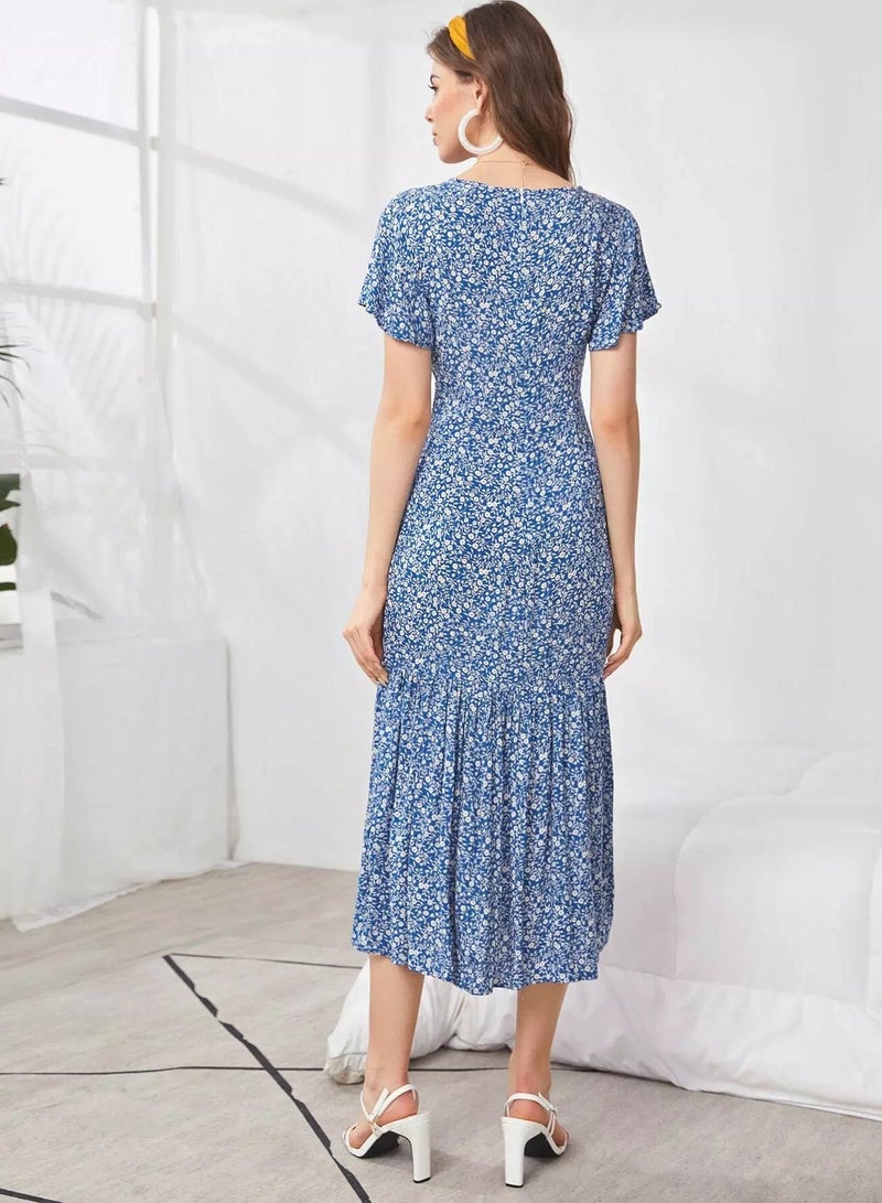 Flutter Sleeve Ruffle Hem Ditsy Floral Dress  - Image 2