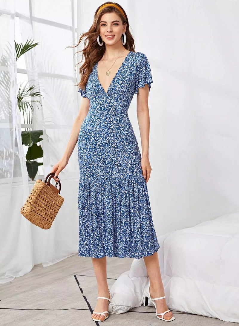 Flutter Sleeve Ruffle Hem Ditsy Floral Dress  - Image 1