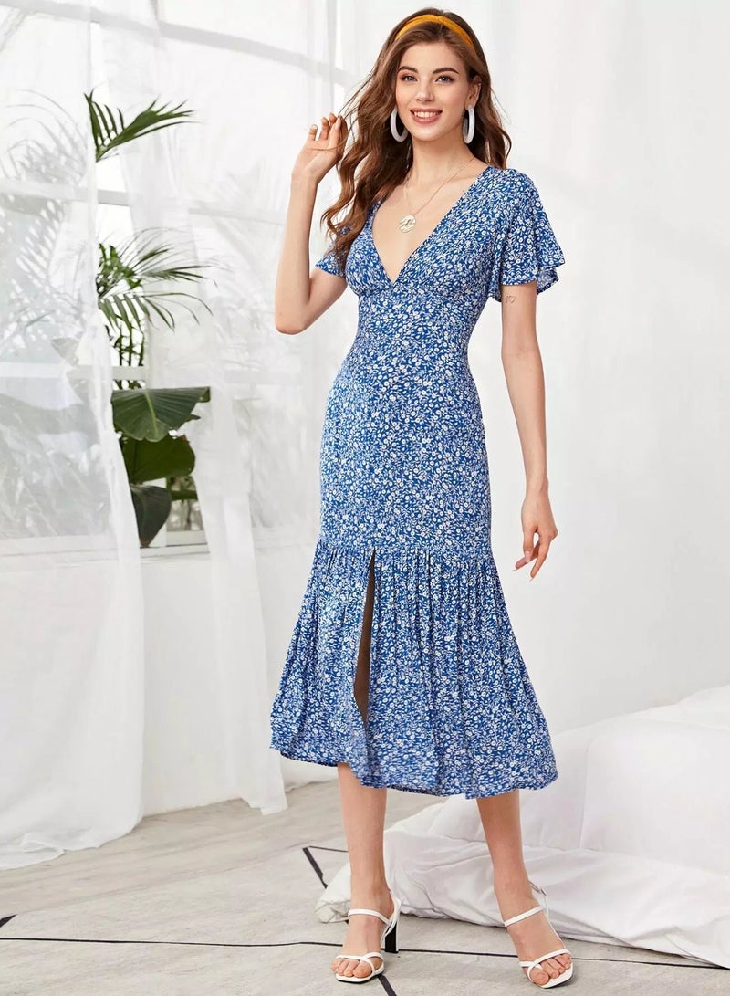 Flutter Sleeve Ruffle Hem Ditsy Floral Dress  - Image 5