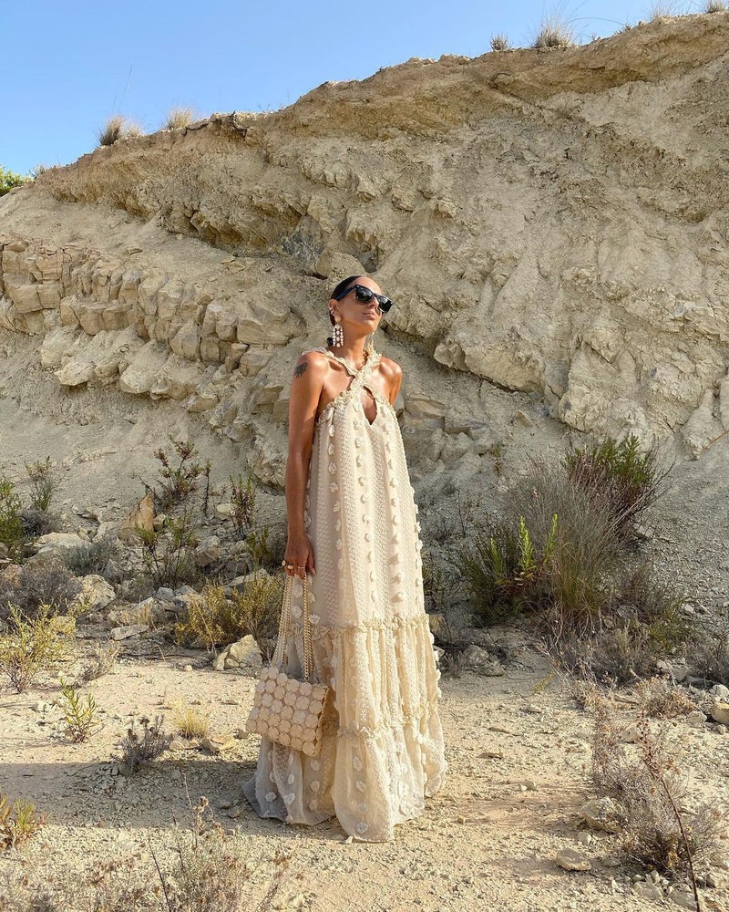 Fashionable Halter Neck 3D Flower Printed Long Dress Egg Cake Dress Cross-Border WT02 European And American Style For Special Oc Light gray  - Image 4