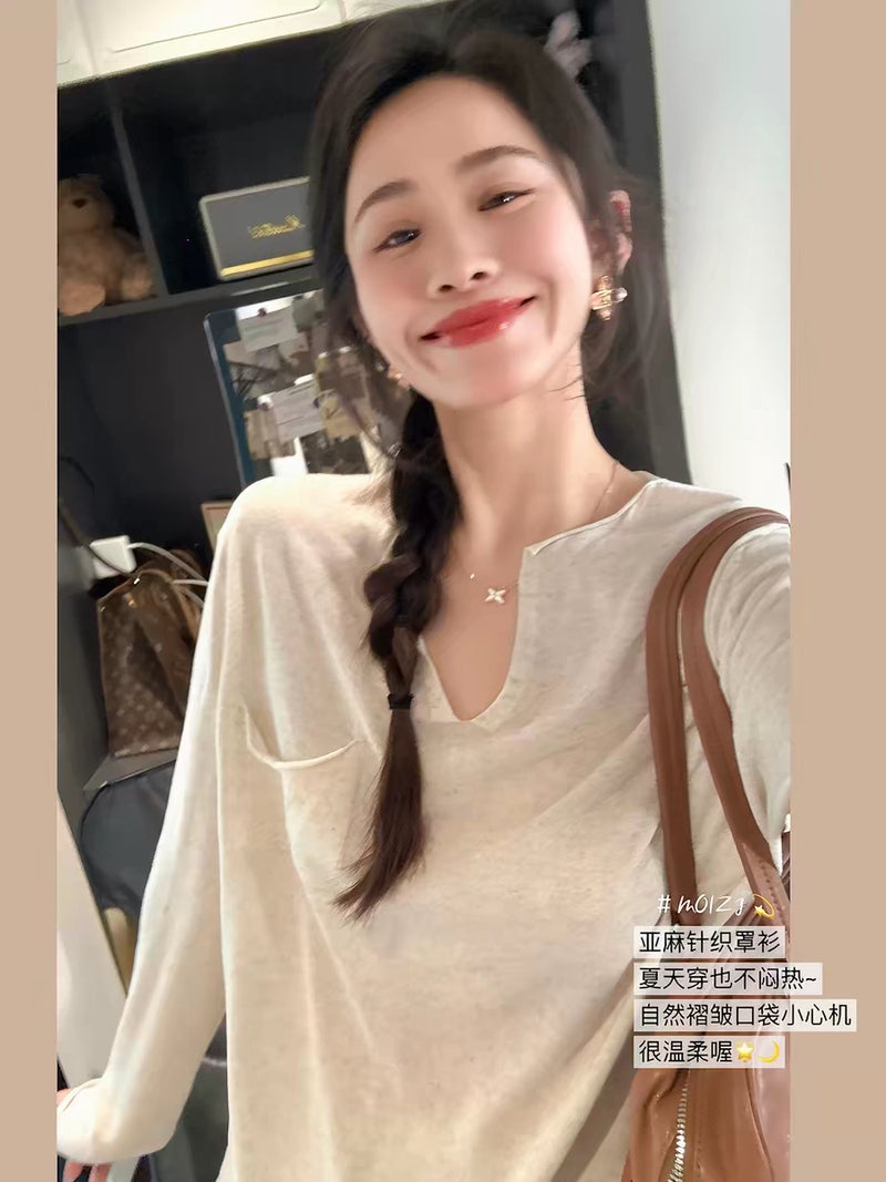 Zheng Chunhua''s High-Quality Tencel Linen Long-Sleeve T-Shirt, Thin Knit Loose-Fitting Versatile Top for Women - Image 2