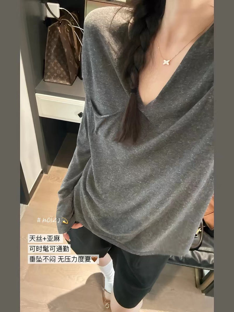 Zheng Chunhua''s High-Quality Tencel Linen Long-Sleeve T-Shirt, Thin Knit Loose-Fitting Versatile Top for Women - Image 3