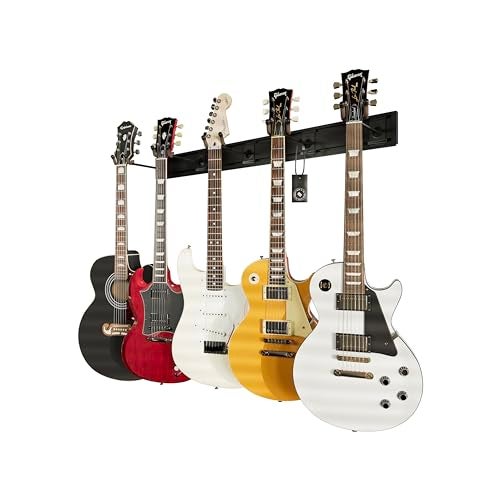 String Swing Guitar Wall Rack, Multiple Guitar Wall Mount, Guitar Organizer for Acoustic & Electric Guitars, 5 Padded Arm Hangers & Black Slatwall Rail, Wall Mount Guitar Rack - Made in USA - Image 1