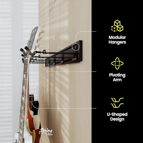 String Swing Guitar Wall Rack, Multiple Guitar Wall Mount, Guitar Organizer for Acoustic & Electric Guitars, 5 Padded Arm Hangers & Black Slatwall Rail, Wall Mount Guitar Rack - Made in USA - Image 4