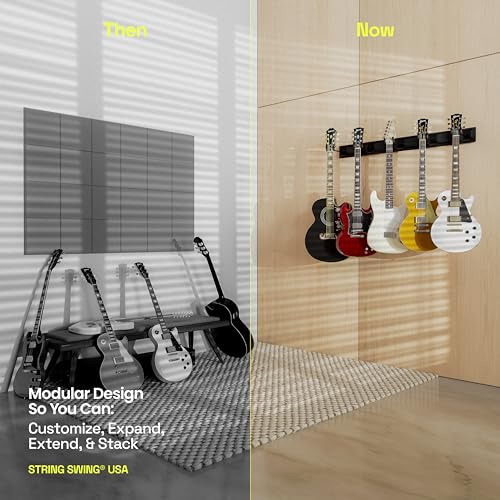 String Swing Guitar Wall Rack, Multiple Guitar Wall Mount, Guitar Organizer for Acoustic & Electric Guitars, 5 Padded Arm Hangers & Black Slatwall Rail, Wall Mount Guitar Rack - Made in USA - Image 2