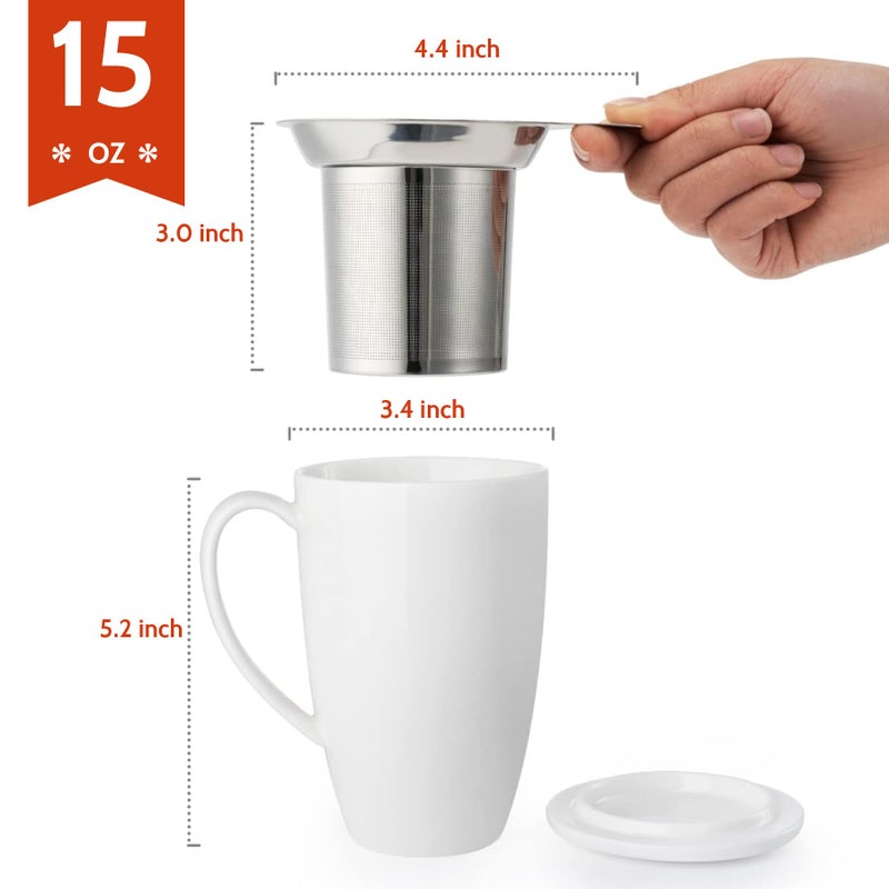 Sweese 15oz Porcelain Tea Mug with Infuser and Lid â€“ Microwave Safe, Ergonomic Handle, Lead-Free Glaze, for Loose Leaf Tea White; - Image 2