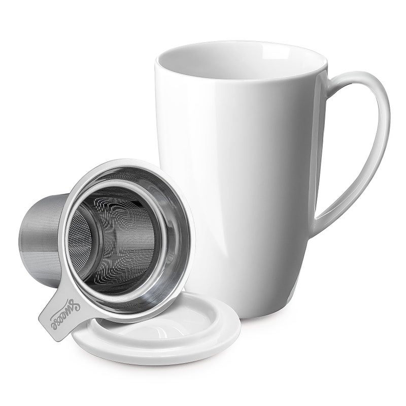 Sweese 15oz Porcelain Tea Mug with Infuser and Lid â€“ Microwave Safe, Ergonomic Handle, Lead-Free Glaze, for Loose Leaf Tea White; - Image 1