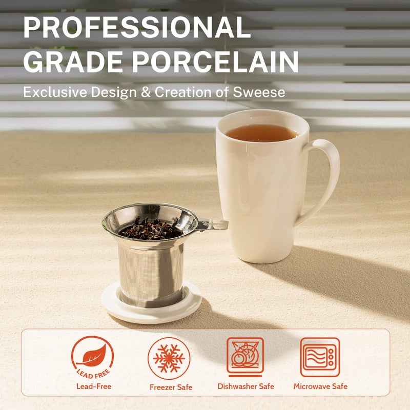 Sweese 15oz Porcelain Tea Mug with Infuser and Lid â€“ Microwave Safe, Ergonomic Handle, Lead-Free Glaze, for Loose Leaf Tea White; - Image 3