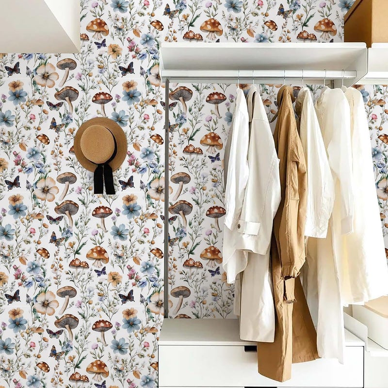 Froluya Mushroom Wallpaper Peel and Stick Vintage Floral Contact Paper 16.9" x 118.1 Boho Self Adhesive Removable Contact Paper Mushroom Peel and Stick Wallpaper for Bedroom Cabinets Decor Vinyl - Image 3