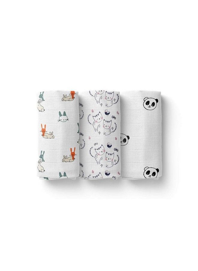 MOM'S HOME Baby Swaddle Blanketlarge Size Organic Muslin Cotton100X100 Cmpack Of 3Cat Rabbitpanda  - Image 2
