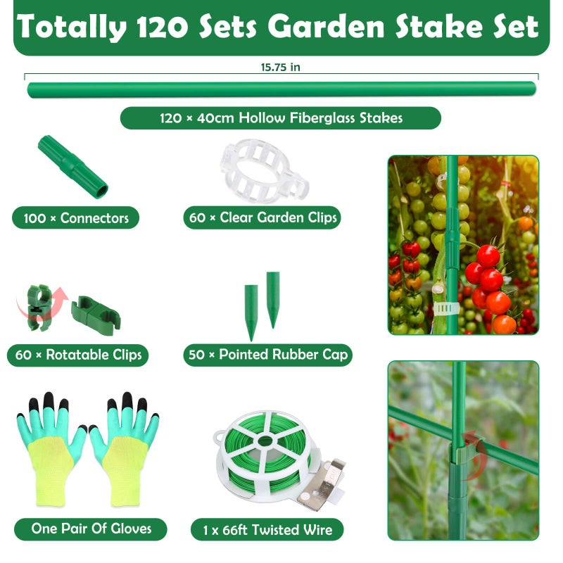 Cludoo 393PCS Garden Stakes Set with 120 Sets Fiberglass Plant Stakes Sticks Supports and Accessories, DIY 4ft 5ft 6ft 7ft Tomato Stakes for Tomato,Vegetables, Pepper, Indoor Outdoor Spring Plants - Image 2