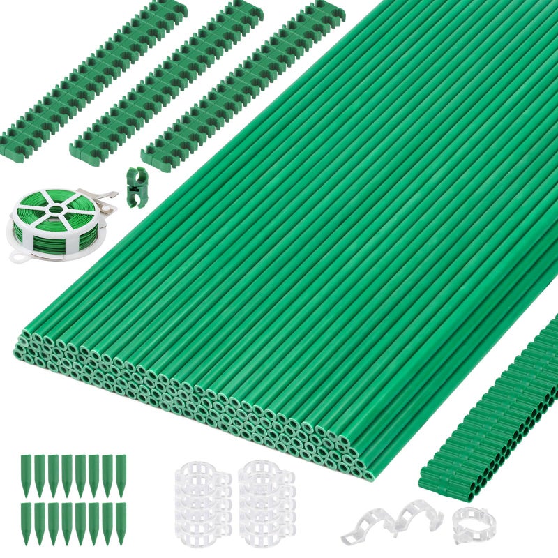 Cludoo 393PCS Garden Stakes Set with 120 Sets Fiberglass Plant Stakes Sticks Supports and Accessories, DIY 4ft 5ft 6ft 7ft Tomato Stakes for Tomato,Vegetables, Pepper, Indoor Outdoor Spring Plants - Image 1
