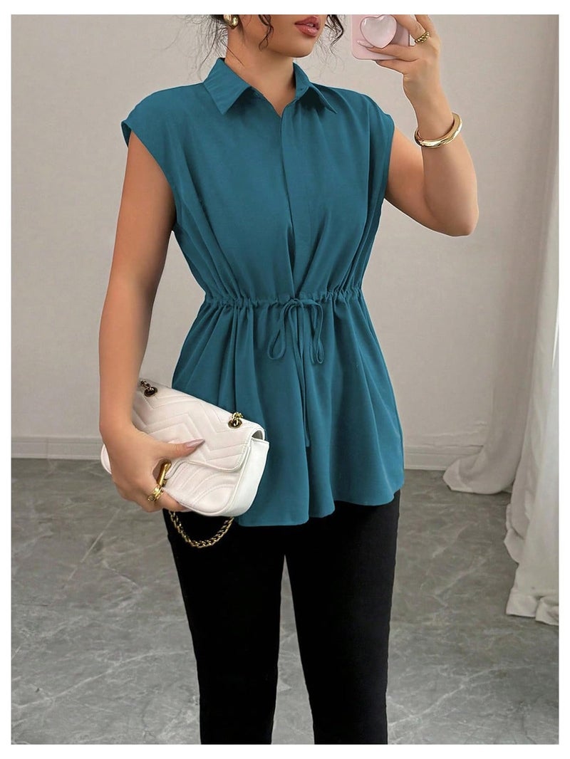 OYOANGLE Women's Elegant Short Sleeve Collared Business Casual Peplum Tunic Blouse Tie Front Summer Dressy Button Down Shirt Teal Blue Medium - Image 3