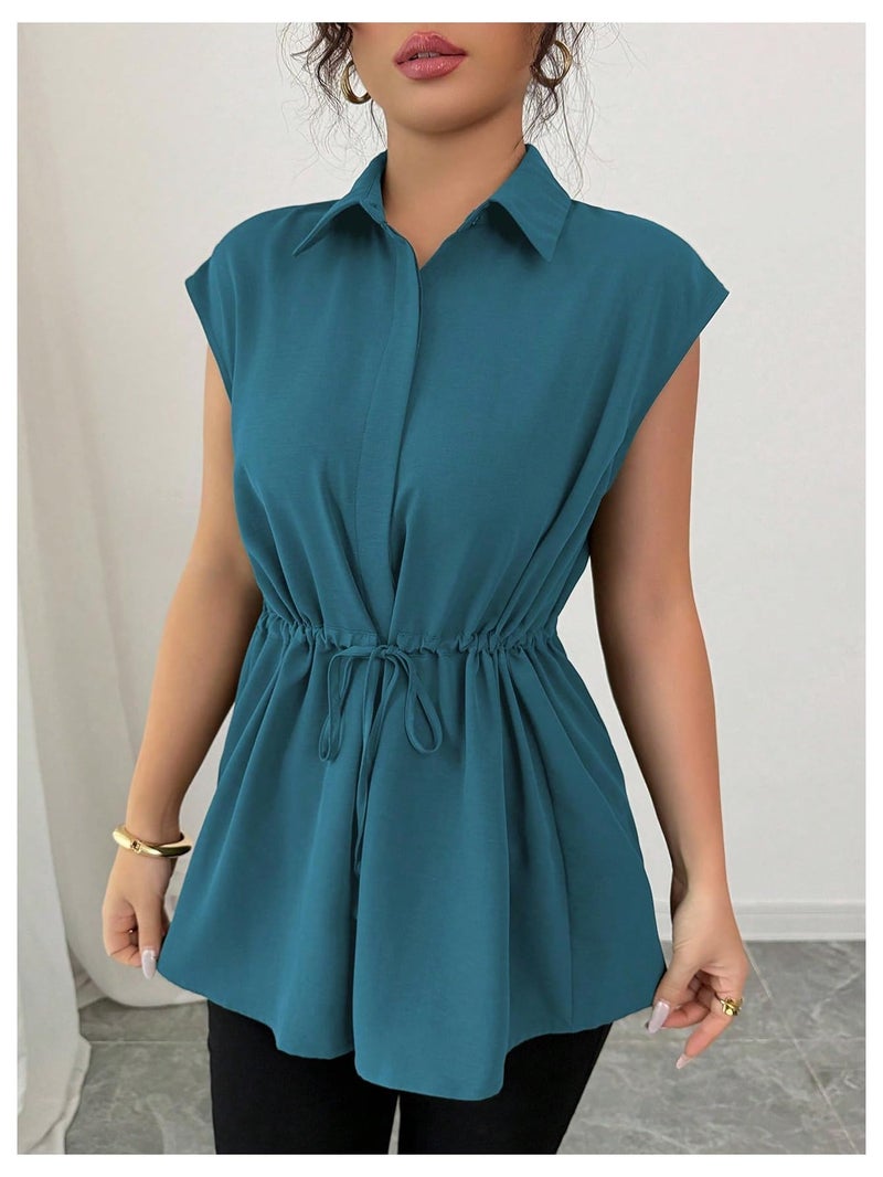 OYOANGLE Women's Elegant Short Sleeve Collared Business Casual Peplum Tunic Blouse Tie Front Summer Dressy Button Down Shirt Teal Blue Medium - Image 4