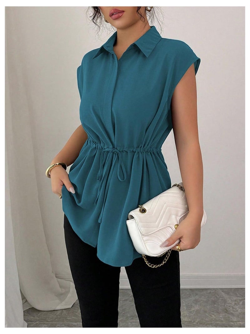 OYOANGLE Women's Elegant Short Sleeve Collared Business Casual Peplum Tunic Blouse Tie Front Summer Dressy Button Down Shirt Teal Blue Medium - Image 5