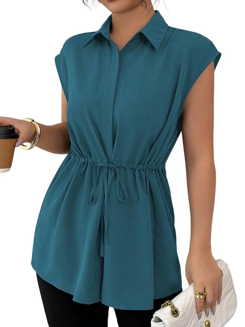 OYOANGLE Women's Elegant Short Sleeve Collared Business Casual Peplum Tunic Blouse Tie Front Summer Dressy Button Down Shirt Teal Blue Medium - Image 1