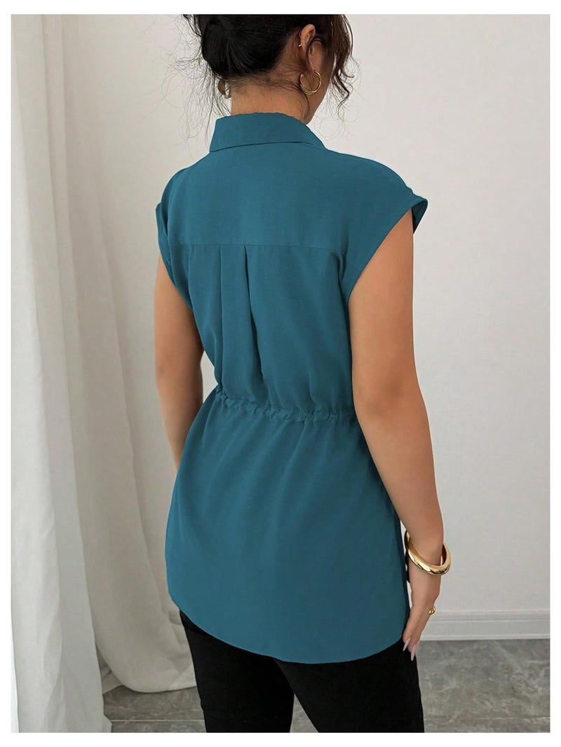 OYOANGLE Women's Elegant Short Sleeve Collared Business Casual Peplum Tunic Blouse Tie Front Summer Dressy Button Down Shirt Teal Blue Medium - Image 2