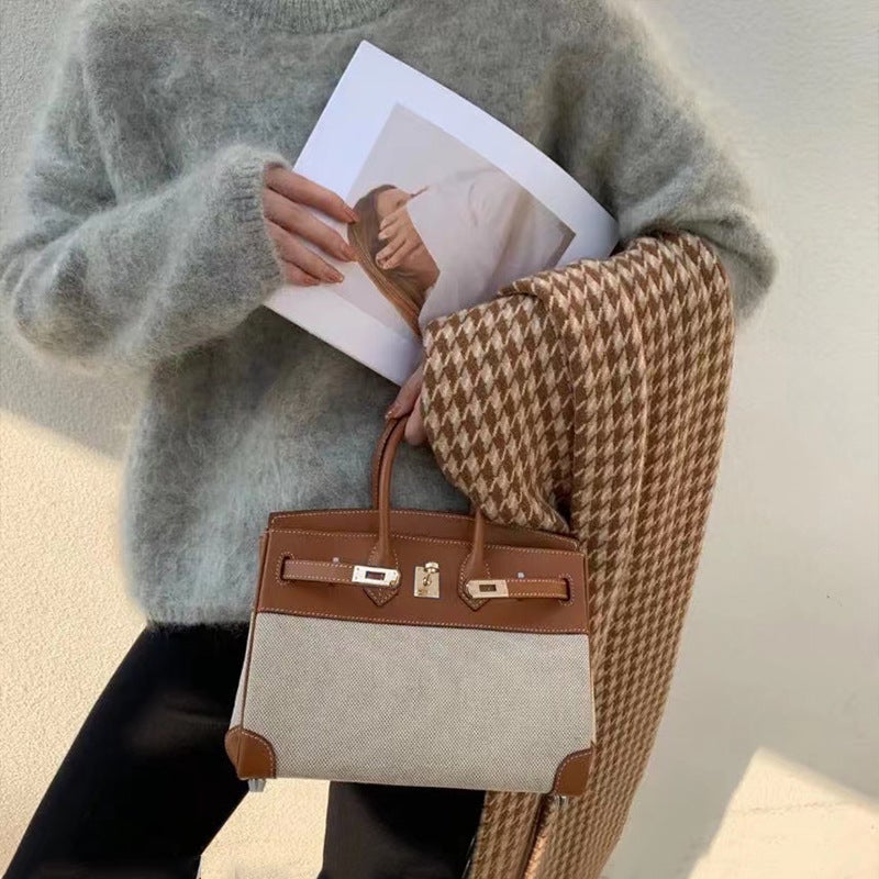 حقيبة كانفاس بلاتينيوم الجديدة حقيبة كتف نسائية حقيبة كاجوال بتصميم متباين سعة كبيرة جلد طبيعي حقيبة كتف محمولة كيلي - Image 2