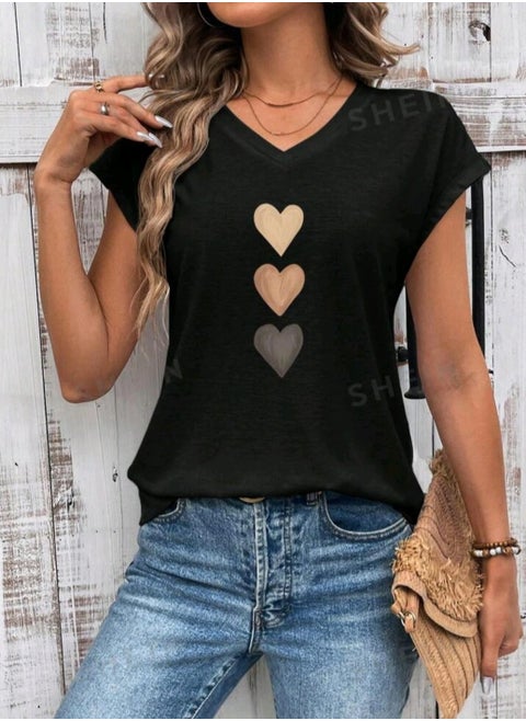 SHEIN LUNE Casual Minimalist Heart Pattern V-Neck Raglan Sleeve Fitted Women's T-Shirt, Suitable For Summer
